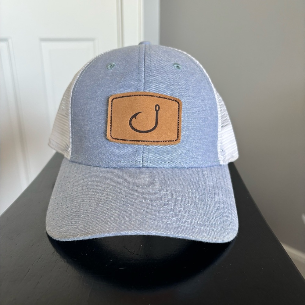 Blue and White Trucker Hat with Hook Patch